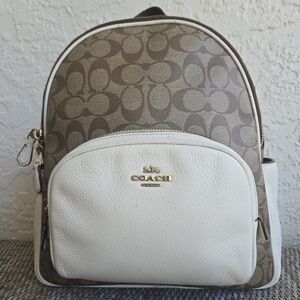 SOLD Coach Court Backpack Signature Canvas Khaki Chalk White Leather